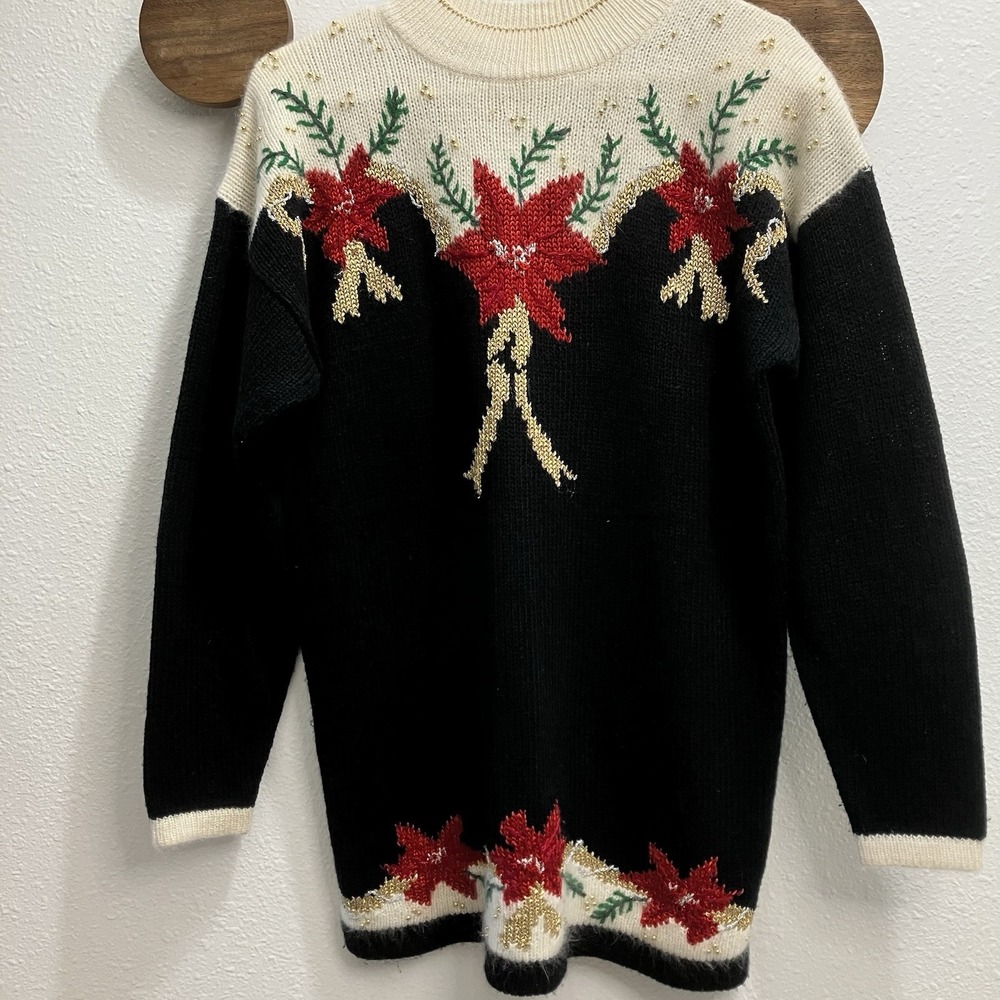Vtg Dana Scott Womens Large Knit Pullover Christmas Sweater Poinsettia Mockneck